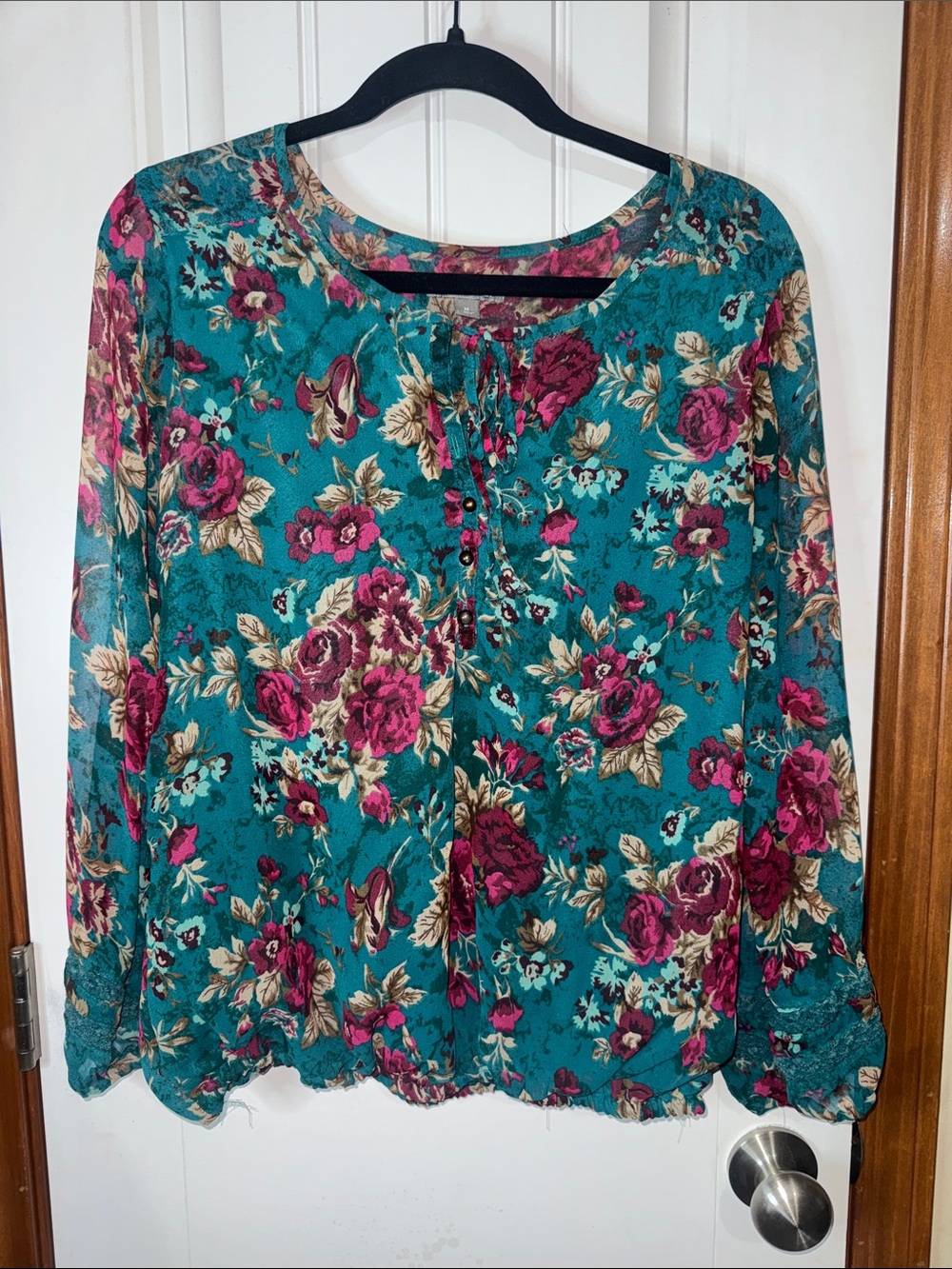 Roz & Ali Teal Floral Button-Front Blouse
